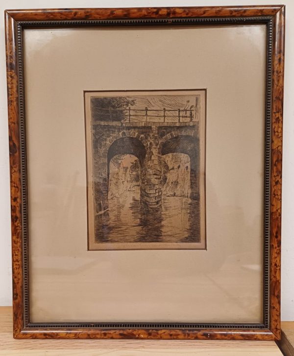 Ets van Brug te Delft & handschrift achterzijde uit 1930 - Afbeelding 2