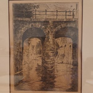 Ets van Brug te Delft & handschrift achterzijde uit 1930