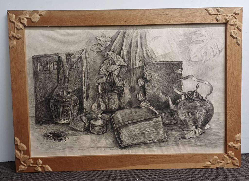 Schilderij met ets - Adr. Foppele - met houten lijst met bloemen