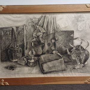 Schilderij met ets - Adr. Foppele - met houten lijst met bloemen