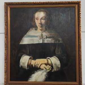 Schilderij - Portret van dame met struisvogelveren waaier