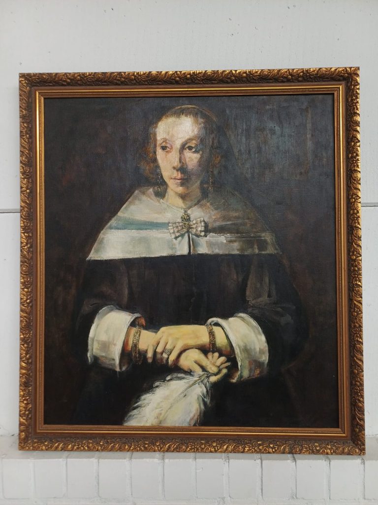 Schilderij - Portret van dame met struisvogelveren waaier